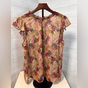 Torrid • Flutter Sleeve • Chiffon Mock Neck Floral Blouse • Tan • Rose • Size 2